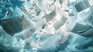 The flying papers in sky.AI generated image