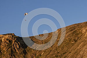 Flying with a paraglider at sunset