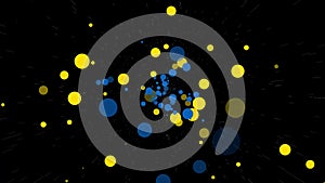 Flying through particle space with circles and stars. Yellow and blue, color of Ukrainian flag. Center moving night sky, black
