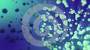 Blue & green abstract 3d rendering of chaotic spheres and ball.