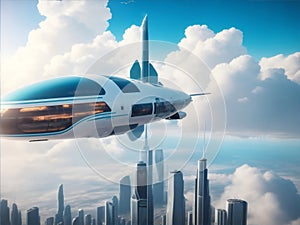 Flying passenger train. Futuristic sci fi city in clouds. Utopia. concept of the future. Aerial fantastic view.