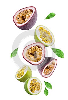 Flying passion fruits isolated on white background. Clipping path
