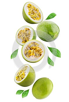 Flying passion fruits isolated on white background. Clipping path