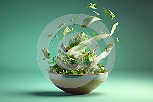 Flying pieces of salad over bowl, Levitation of fresh vegetarian green salad,