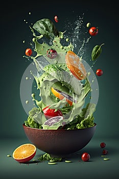 Flying pieces of salad over bowl, Levitation of fresh vegetarian green salad,