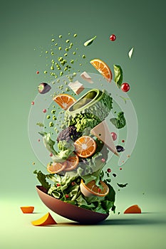 Flying pieces of salad over bowl, Levitation of fresh vegetarian green salad,