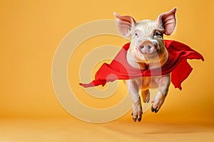 Flying pig superhero caped on gradient pastel background with ample copy space for text placement photo