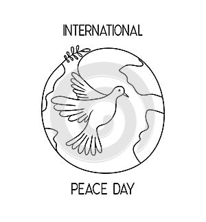 Flying pigeon with a branch . Dove of peace on the background of planet Earth. Hand drawn line sketch. Bird symbol of hope, emblem