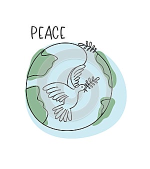 Flying pigeon with a branch . Dove of peace on the background of planet Earth. Hand drawn line sketch. Bird symbol of hope, emblem
