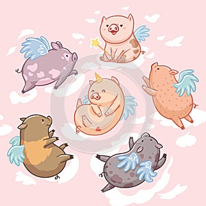 Flying pigs in the clouds. Cartoon characters. Six mini pigs isolated on pink background