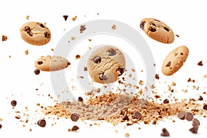 flying Pile cake crumbs cookie isolated on white, clipping path