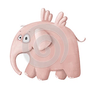 Flying pink elephant, watercolor style illustration with cartoon character, holiday clipart