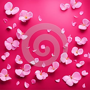 Flying pink rose petals against a pink background