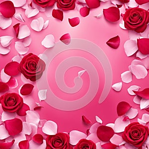 Flying pink rose petals against a pink background