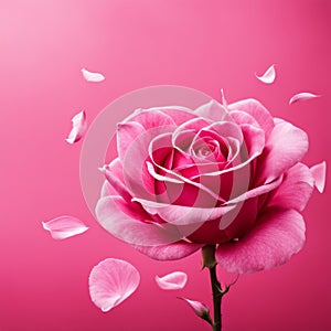 Flying pink rose petals against a pink background