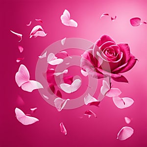 Flying pink rose petals against a pink background