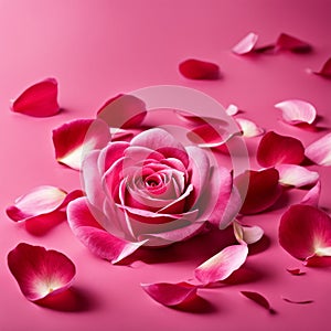 Flying pink rose petals against a pink background