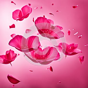 Flying pink rose petals against a pink background