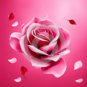 Flying pink rose petals against a pink background