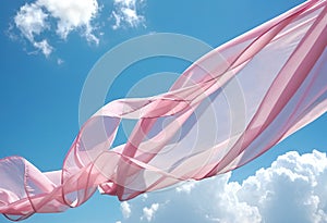 Flying pink transparent fabric wave on blue sky background and illuminated by sunlight