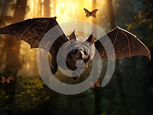 Ai Generated illustration Wildlife Concept of Flying Pipistrelle bat iin natural forest background