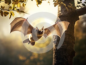 Ai Generated illustration Wildlife Concept of Flying Pipistrelle bat iin natural forest background