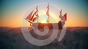 Flying Pirate Galleon on the Clouds at Sunset Landscape Background