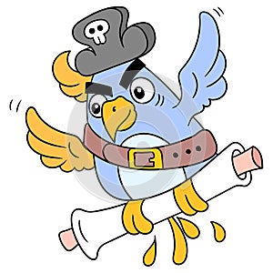 Flying Pirate Pet Parrot Carrying a Treasure Map Scroll, doodle icon image kawaii
