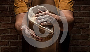 Flying pizza dough with flour scattering in a freeze motion of a cloud of flour midair on black. Cook hands kneading dough. copy