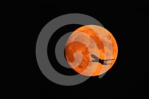 flying plane against the background of red moon