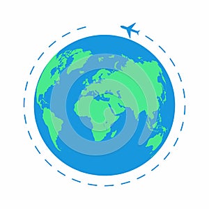 Flying plane around the world. The path plane, airplane route. Planet Earth icon