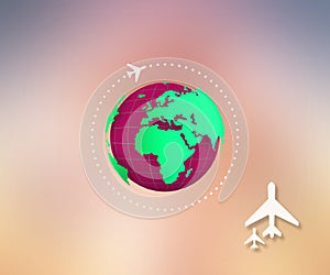 Flying plane around the world. The path plane airplane route. Planet Earth icon. World Travel Tourism Concept- 22 JULY 2017.