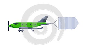 Flying Plane with Blank Banner, Modern Green Air Vehicle with White Flag Flat Vector Illustration