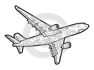 Flying plane, bottom view. Engraving raster illustration. Sketch