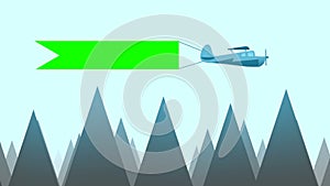 Flying Plane Carry A Sign On A Blue Sky Background In Cartoon Vector Style