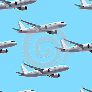 Flying Plane Concept. Seamless Pattern. Vector Illustration. Blue Sky