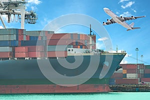 A flying plane and a freight ship on transport background
