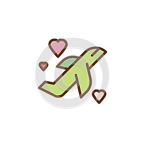 Flying plane with hearts flat icon