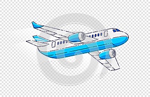 Flying plane passenger airliner isolated over transparent background.