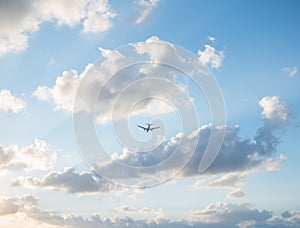 Flying plane in the sky with clouds at sunset as a background