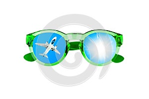 Flying airplane, sun, blue sky, sunglasses, summer holidays, vacation flight, travel agency, international airlines, tourism