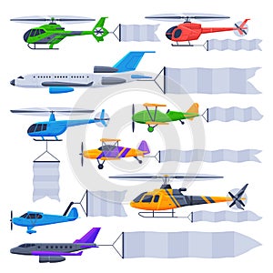 Flying Planes and Helicopters with Blank Banners Collection, Air Vehicles with White Ribbons for Advertising Vector