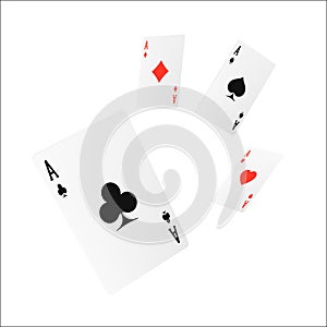 Flying playing card four of a kind or quads. Ace design cazino game element. Poker or blackjack realistic cards. Vector