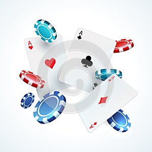 Flying poker cards, chips. Casino gambling realistic 3D falling play card and plastic red and black chip. Vector