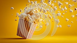 Flying popcorn bucket with popcorn exploding on yellow background