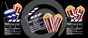 Flying popcorn and film clapper board isolated on black background
