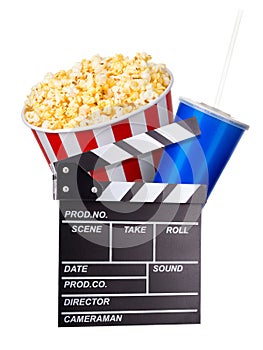 Flying popcorn and film clapper board isolated on white background