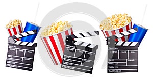 Flying popcorn and film clapper board isolated on white background