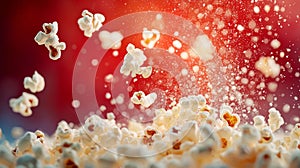 Flying popcorn kernels with dramatic lighting on a red background