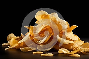 Flying potato chips on a bokeh background